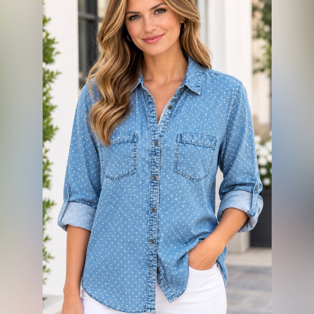 Tinsel Classic Blue Polka Dots Denim Button-Front  L